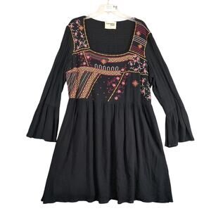 Savanna Jane Black Embroidered Dress Plus Size 1X Flared Sleeve Knee-Length Boho